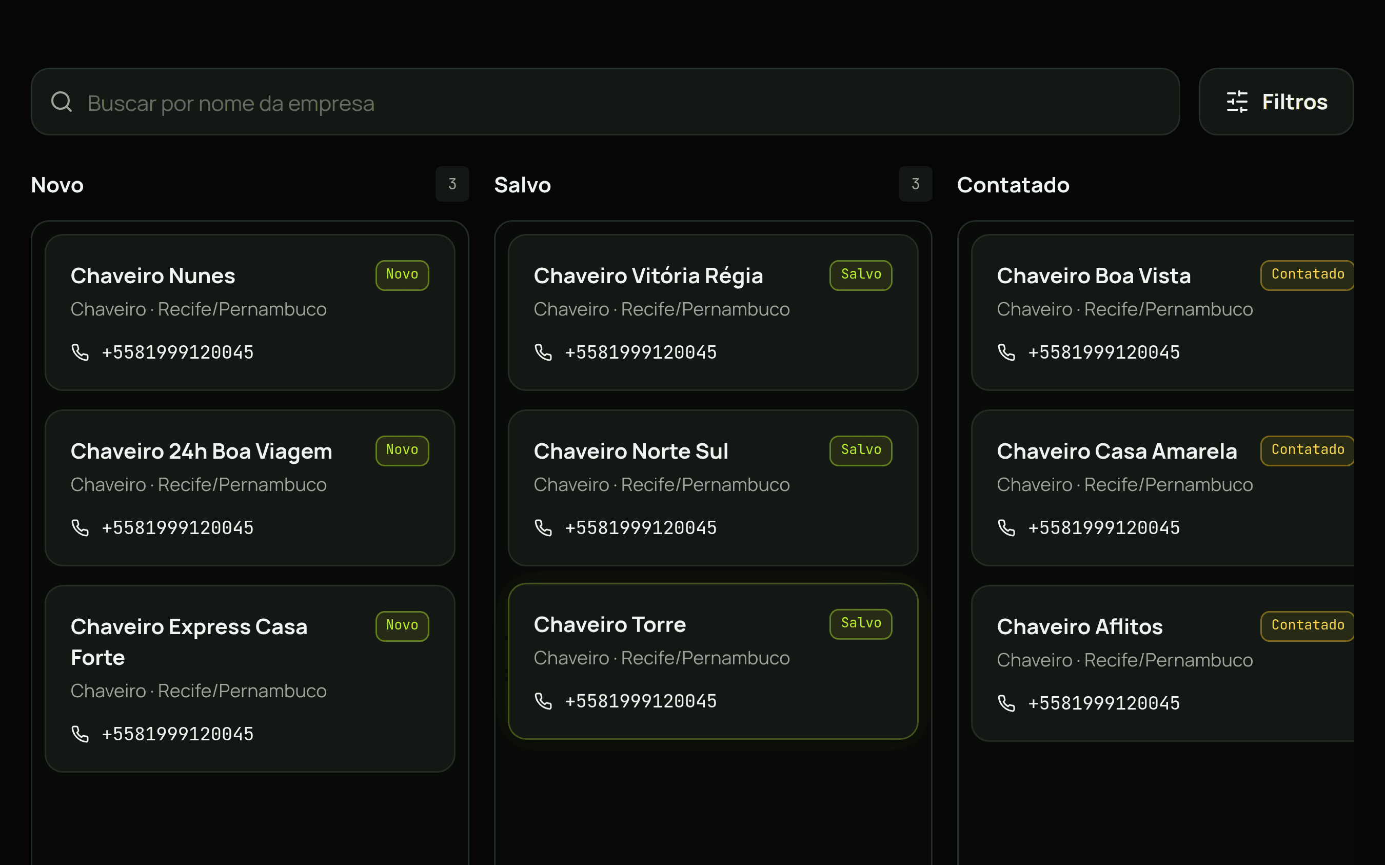 Kanban de leads salvos no DevLeads